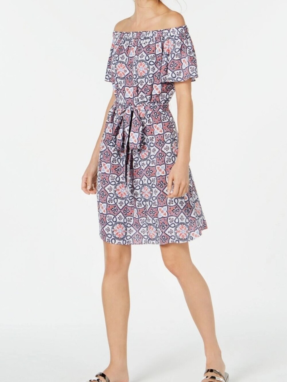 Michael Kors Off-Shoulder Pink and Navy Tile-Print Swim Coverup